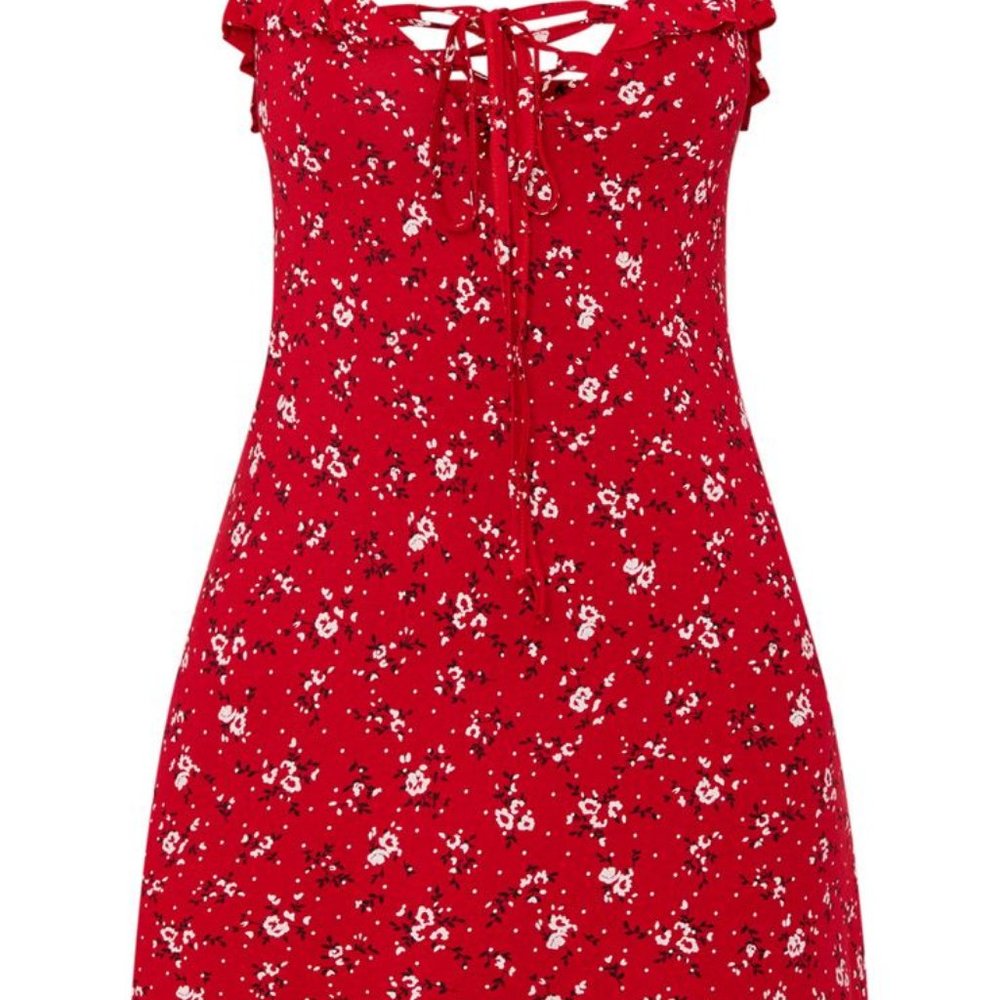 RED FLORAL PRINT FRILL DETAIL SHIFT DRESS - Picture 5 of 9